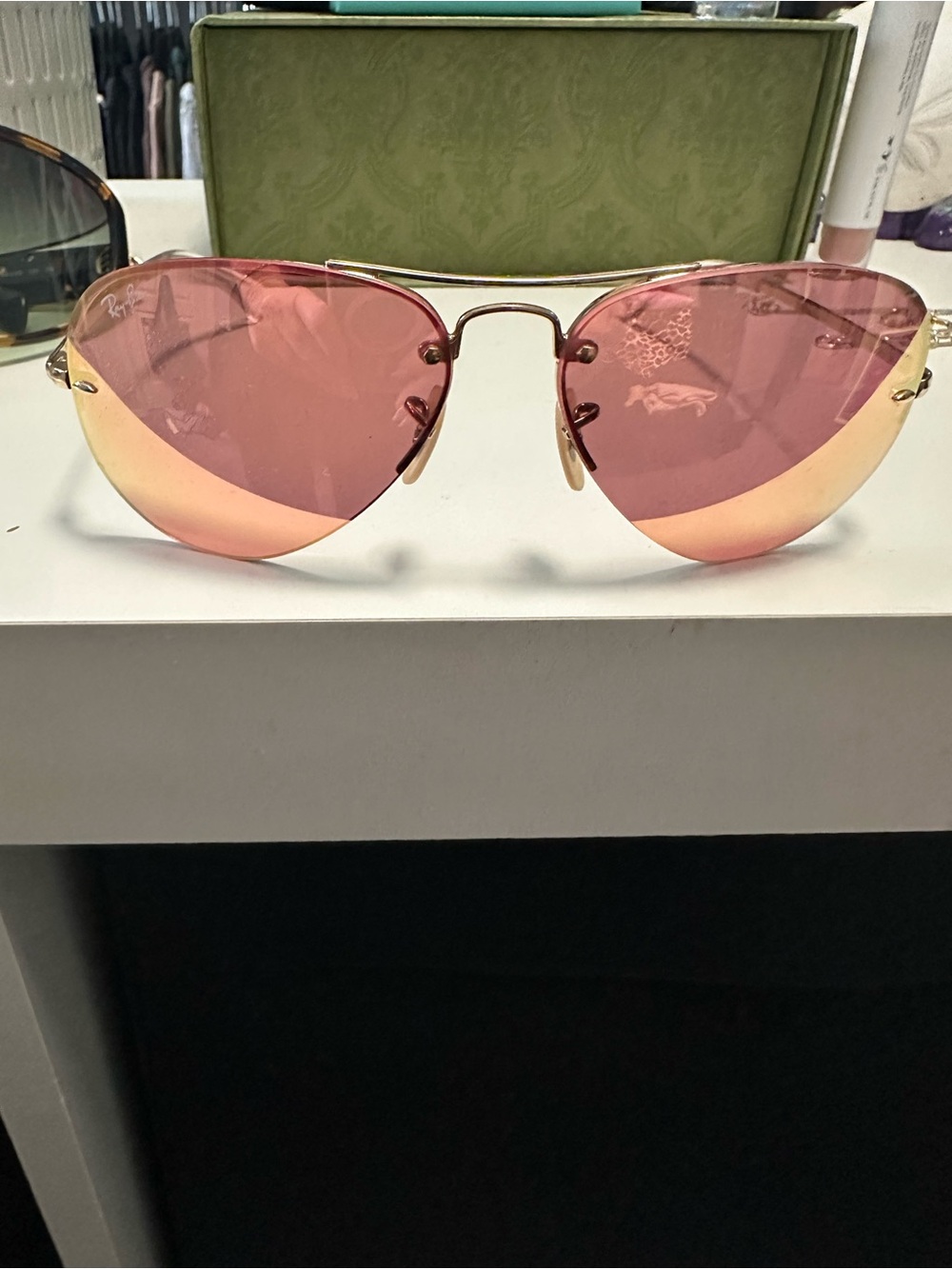 Ray-Ban Gold Frame Pink Gradient Rimless Aviator Sunglasses